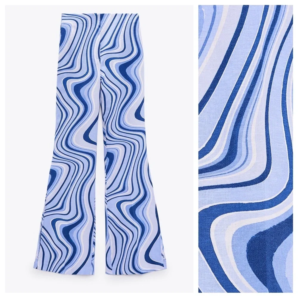 NWT. Zara Blue Linen Blend Printed Pants with Slits. Size M.